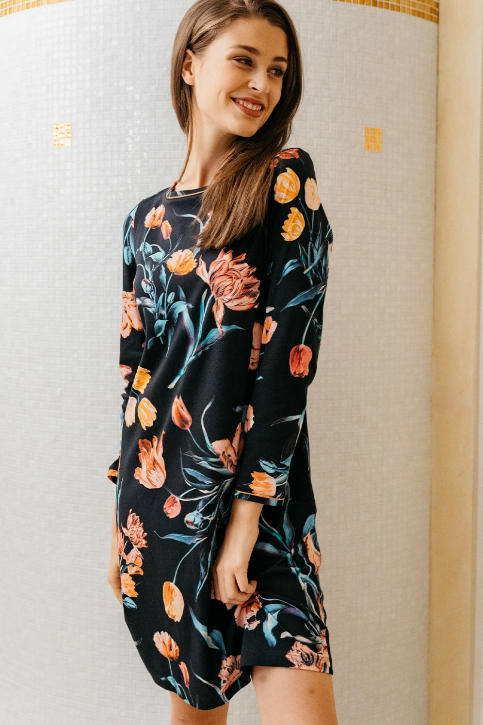 Hutschreuther: Classic Kleid Langarm, Blumenprint 3 Hutschreuther: Classic Kleid Langarm, Blumenprint